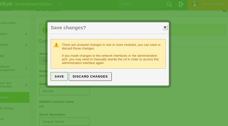 Zentyal Save Changes